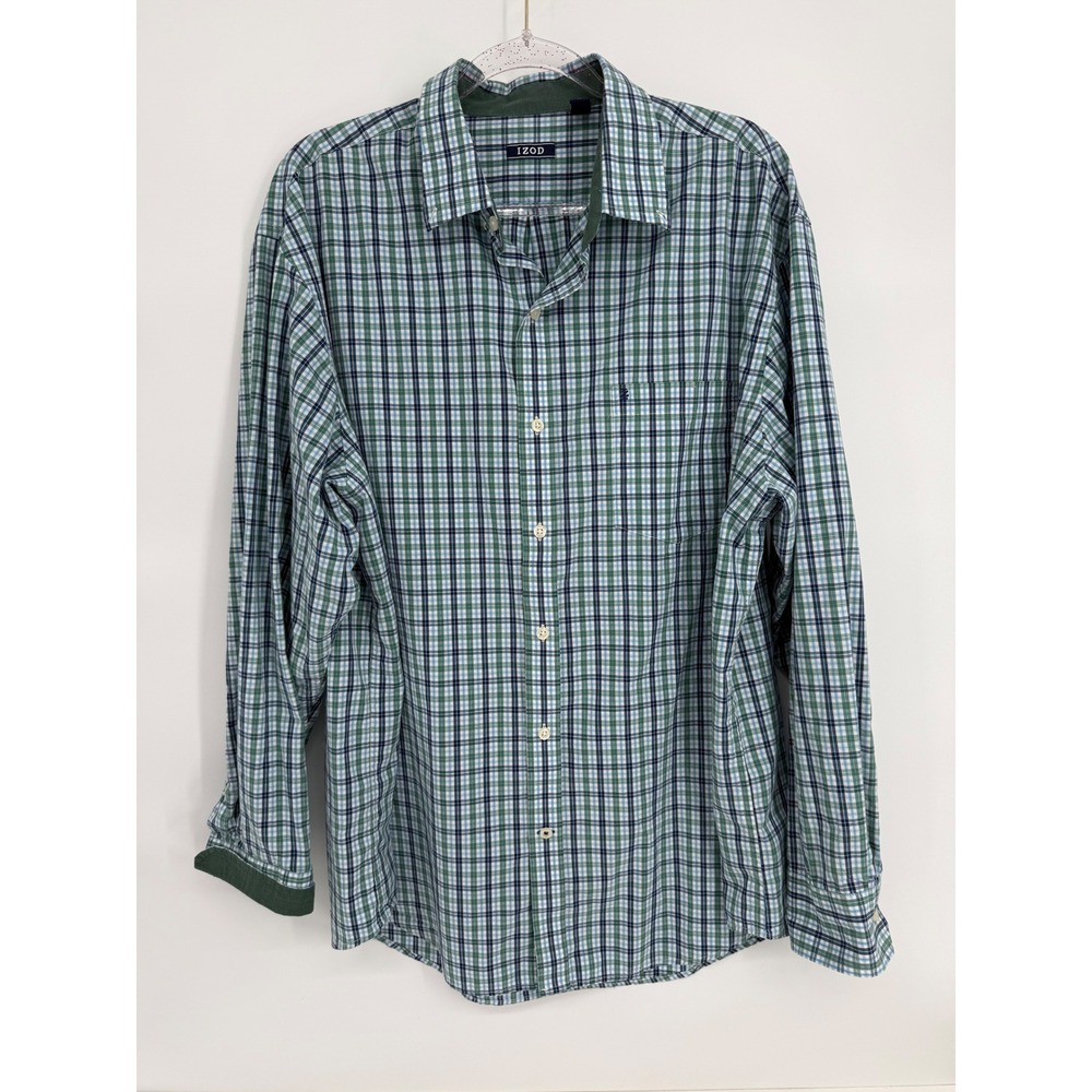IZOD Mens Sz XL Plaid Button Down Shirt Green Blue White Cotton Long Sleeve
